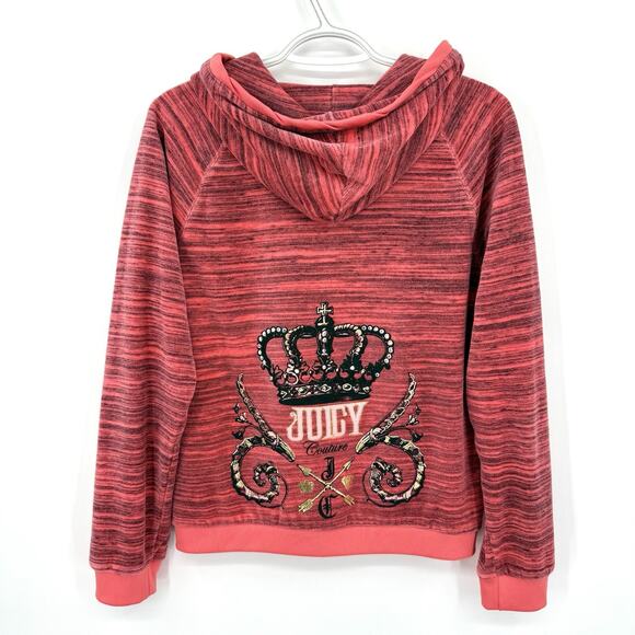 Juicy Couture Size Large Pink/Salmon Velour Zip-Up Hooded Sweatshirt Jacket Y2K - Picture 1 of 9